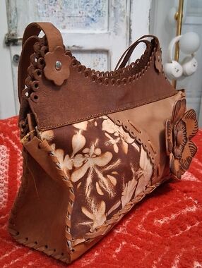 Handcrafted Brown Floral Leather Shoulder Bag